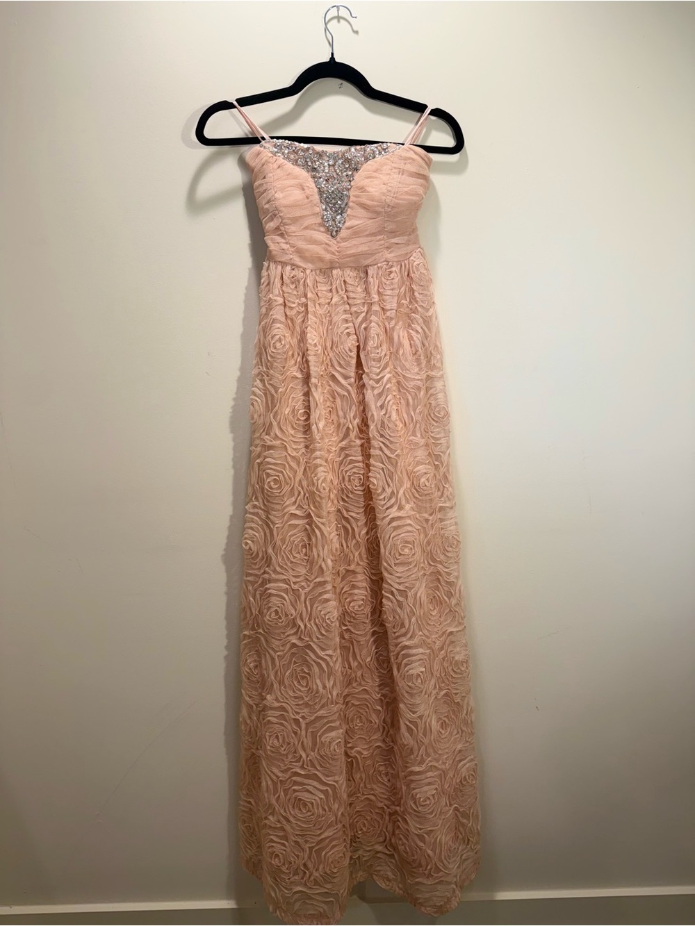 Vintage Blush Pink Strapless Rosette Gown with Beaded Bodice